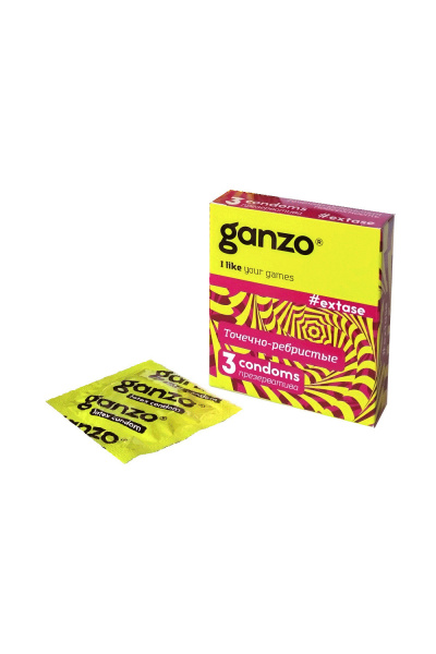 Презервативы Ganzo №3, extase, латекс, точечные, ребристые, анатомичные, 18 см, 5,2 см.